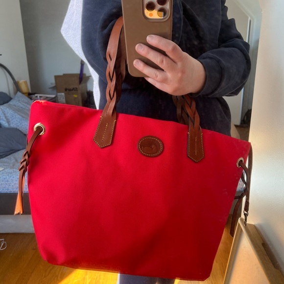 Dooney & Bourke Red Canvas Tote • Brown Leather Trim • Large Shoulder Bag - Picture 2 of 12